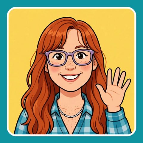 Melissa's LissasPrints cartoon avatar — red hair, glasses, waving