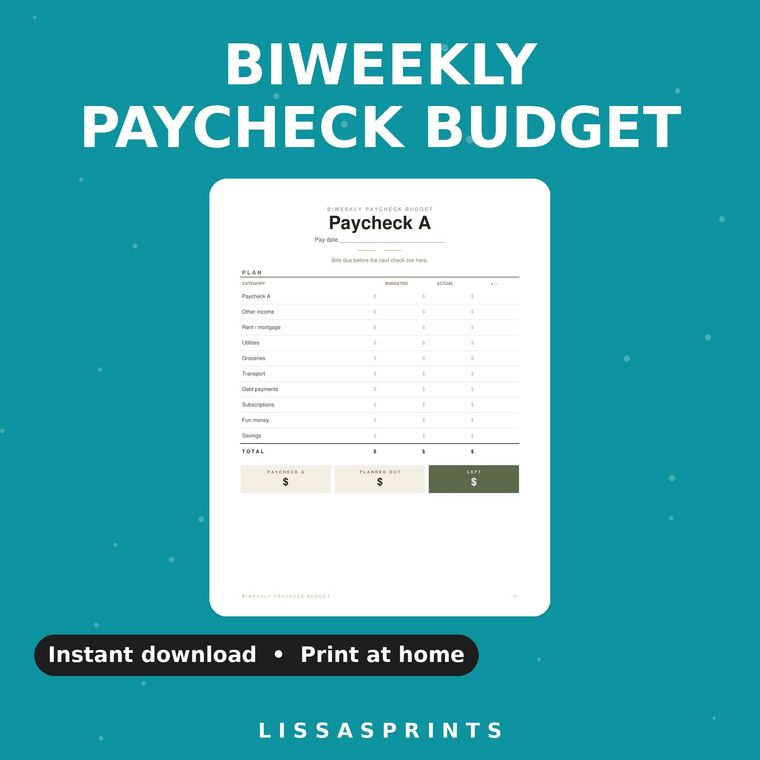 Biweekly Paycheck Budget — LissasPrints printable cover