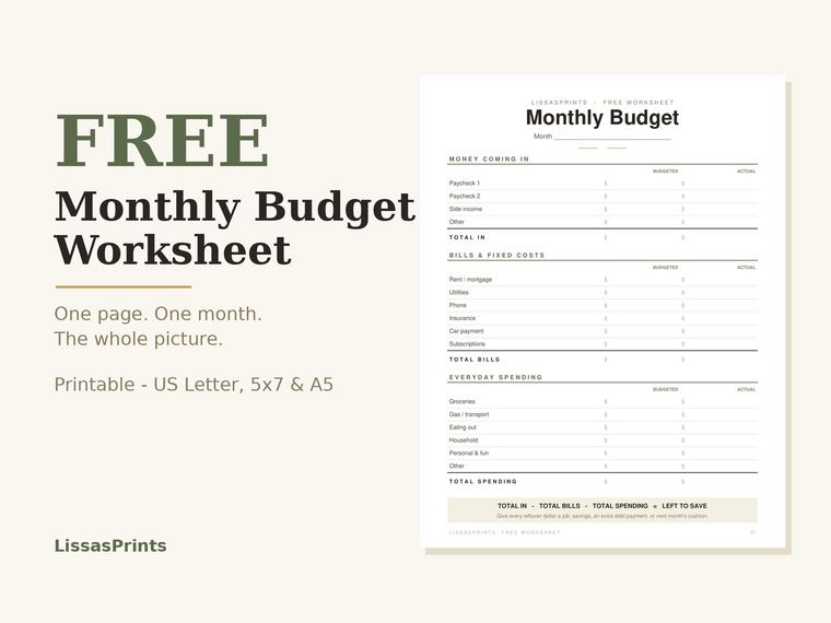 Cover of the Free Monthly Budget Worksheet: a one-page monthly budget with income, bills, spending, and what's left to save