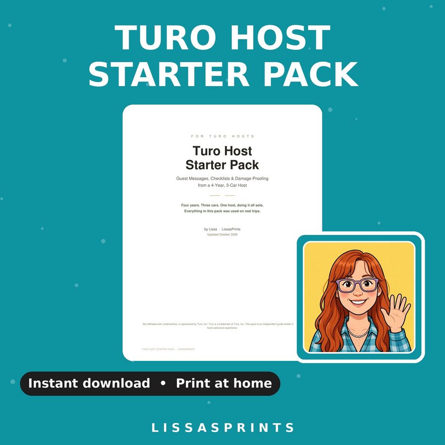 Turo Host Starter Pack cover — guest messages, checklists and damage-proofing from a 4-year, 3-car host